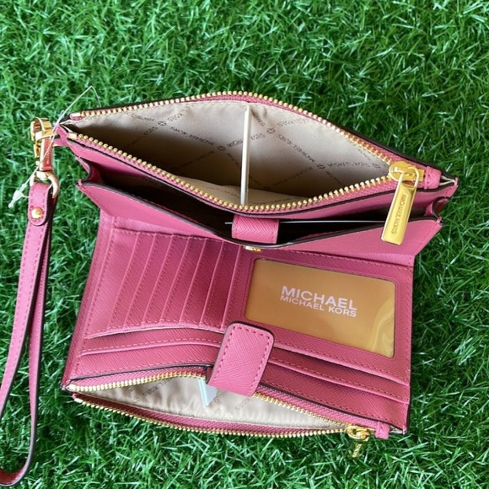 Michael Kors Jet Set Travel Large Double Zip Wristlet Wallet Rosewood Leather - Picture 10 of 16
